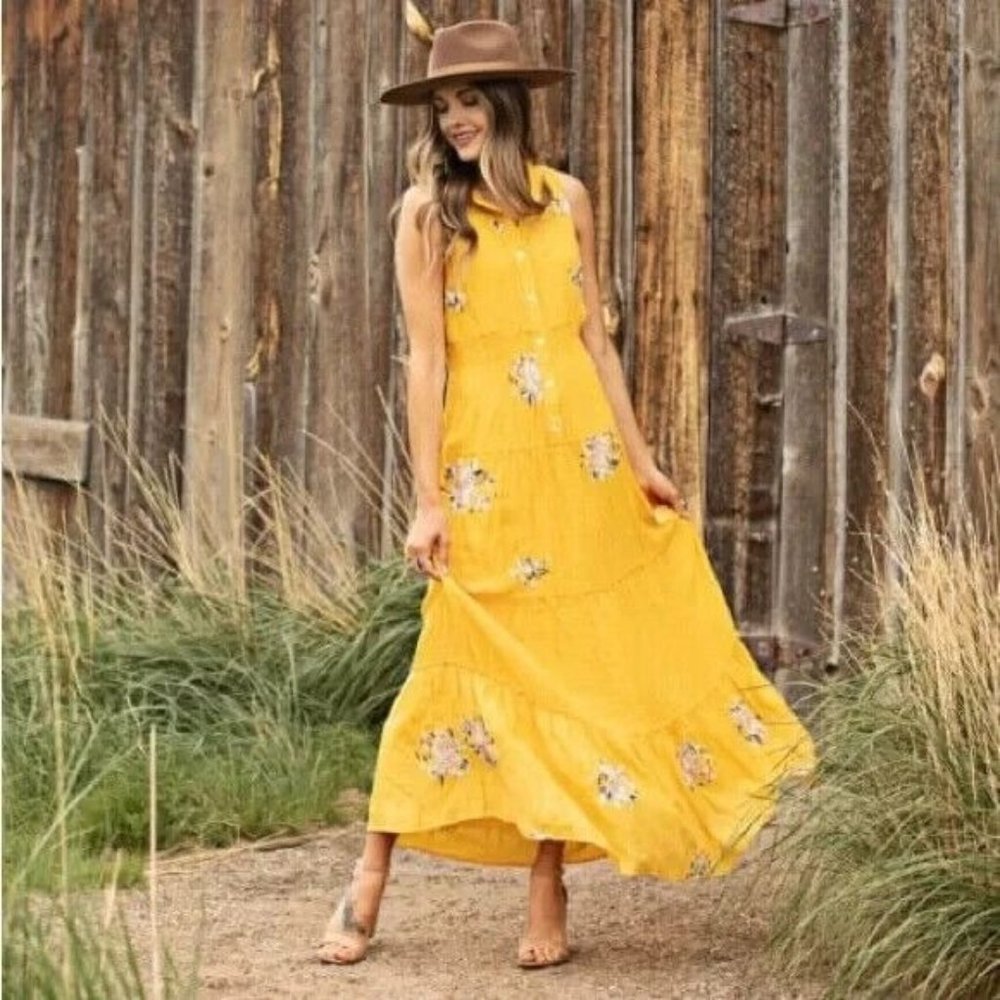 Anthropologie Fig and Flower Maxi Dress Size Medium Embroidered Gauzy Boho Flowy